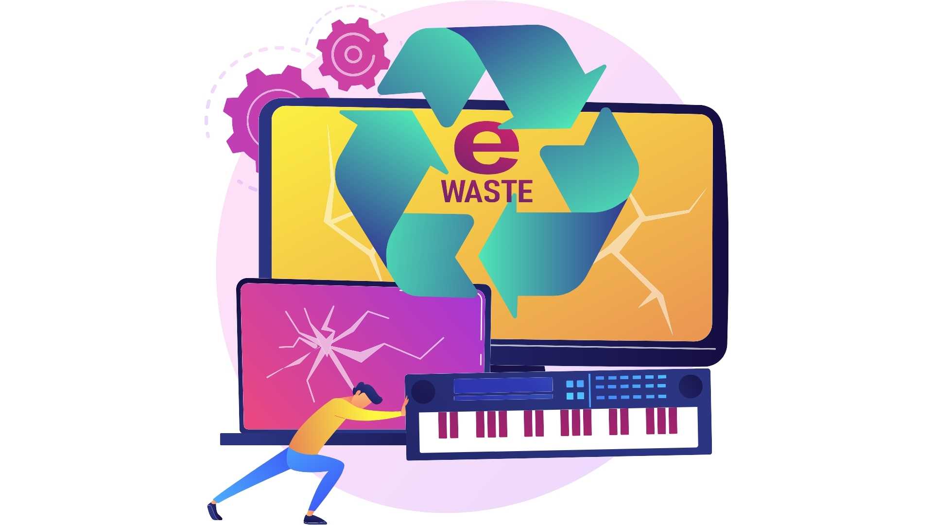 ilustração colorida que representa o problema do lixo eletrônico, com um personagem empurrando um laptop danificado, ao lado de um teclado musical descartado, em frente a um monitor de computador que exibe um símbolo de reciclagem.