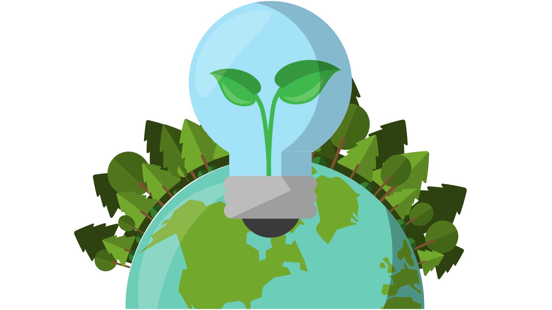 uma lâmpada transparente com uma planta brotando dentro dela, sobreposta a um globo terrestre cercado por folhas verdes, simbolizando energia sustentável ou ideias ecológicas.