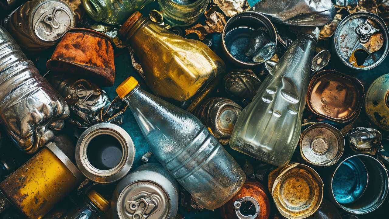 Uma pilha de latas, garrafas e outros lixos.