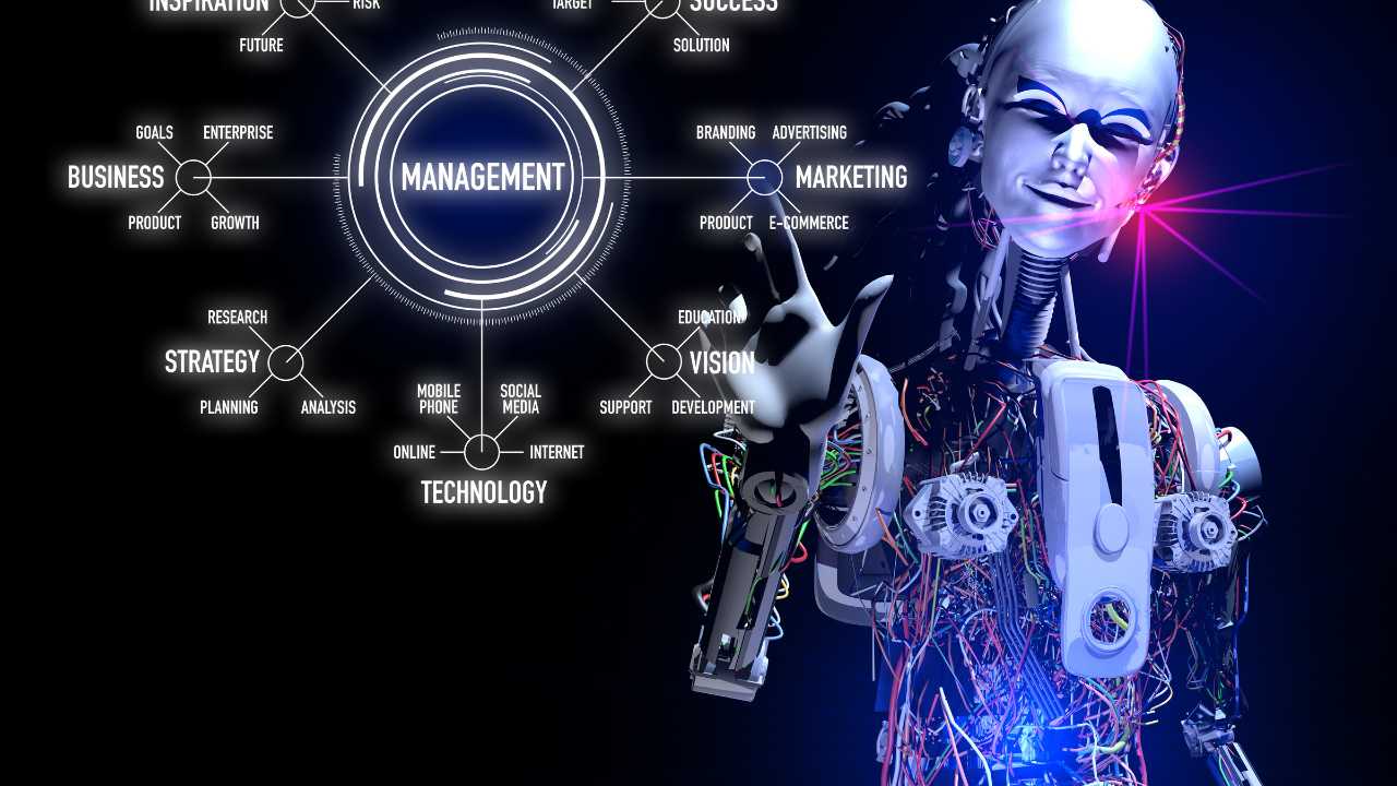 Figura de um robô  com feição humana acessando dados virtuais