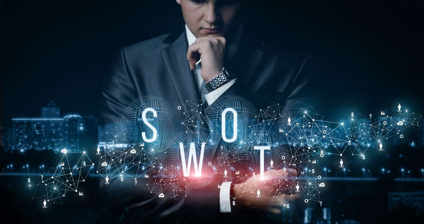 Homem pensativo analisando as quatro letras da Matriz SWOT