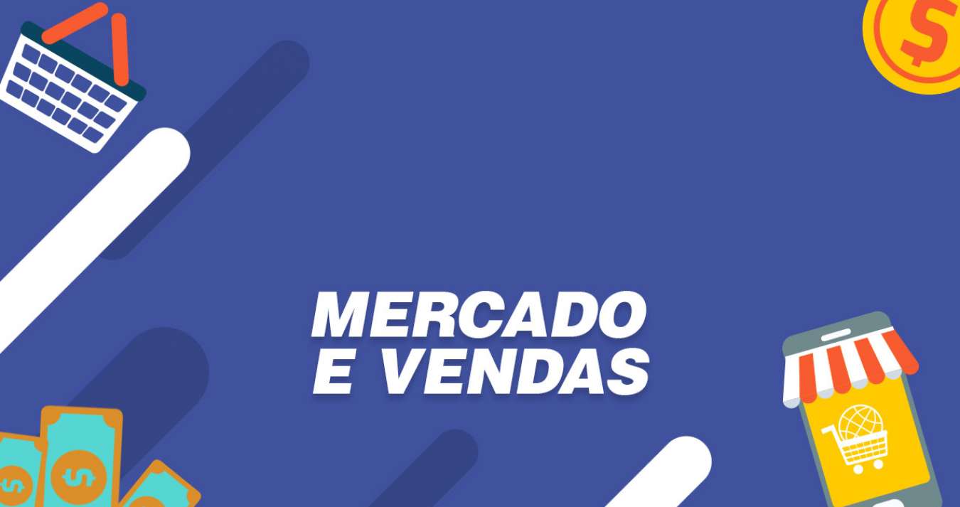 "Mercado e vendas" em branco com fundo azul