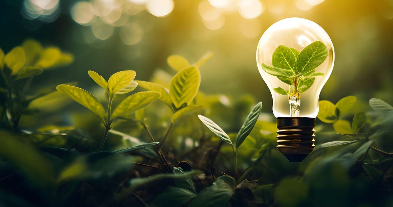 Imagem de uma lâmpada com uma planta dentro. A lâmpada é branca e a planta é verde. A planta está crescendo dentro da lâmpada, com as raÃzes penduradas para baixo.