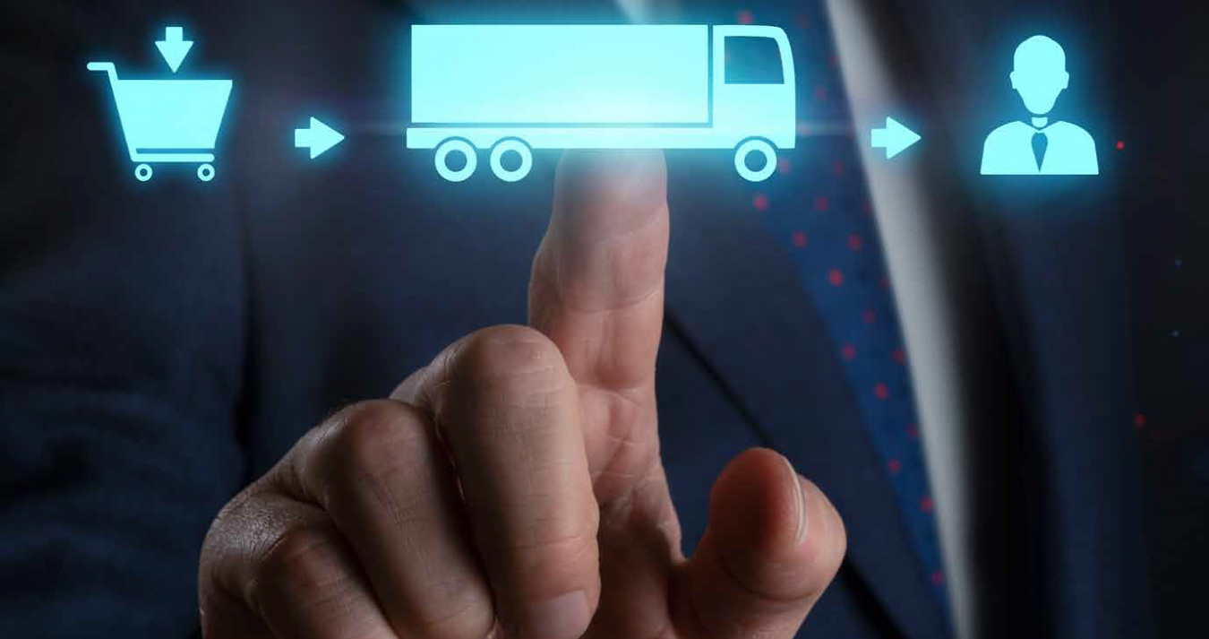 Dedo indicador apontando para um holograma que mostra um caminhão