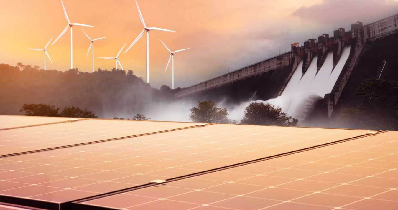 Diversas fontes de energias renováveis como energia eólica, solar e hidrelétrica
