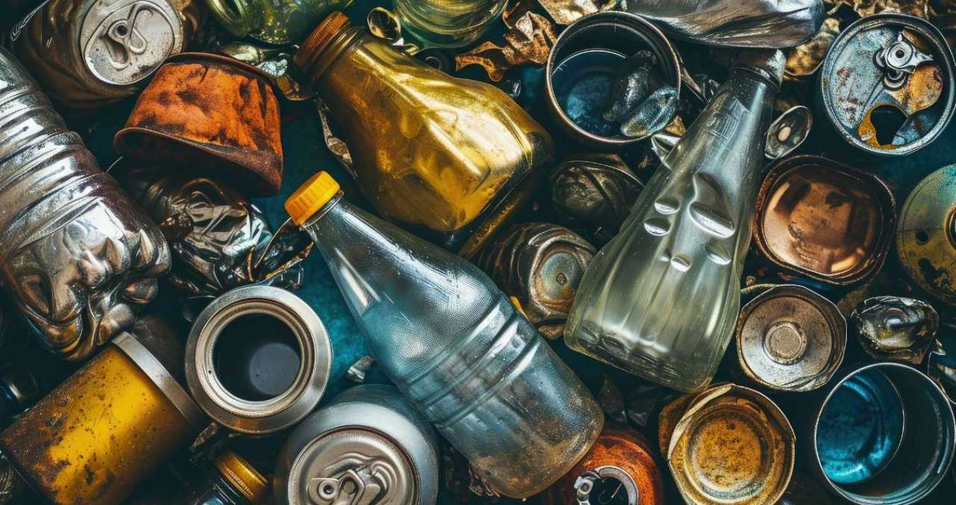 Uma pilha de latas, garrafas e outros lixos.