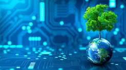 A imagem é de uma árvore crescendo na Terra com um fundo abstrato azul. Ela representa conceitos relacionados à tecnologia ambiental, Dia da Terra, economia de energia, sustentabilidade, ética corporativa e proteção ambiental. A imagem também inclui elementos fornecidos pela NASA.