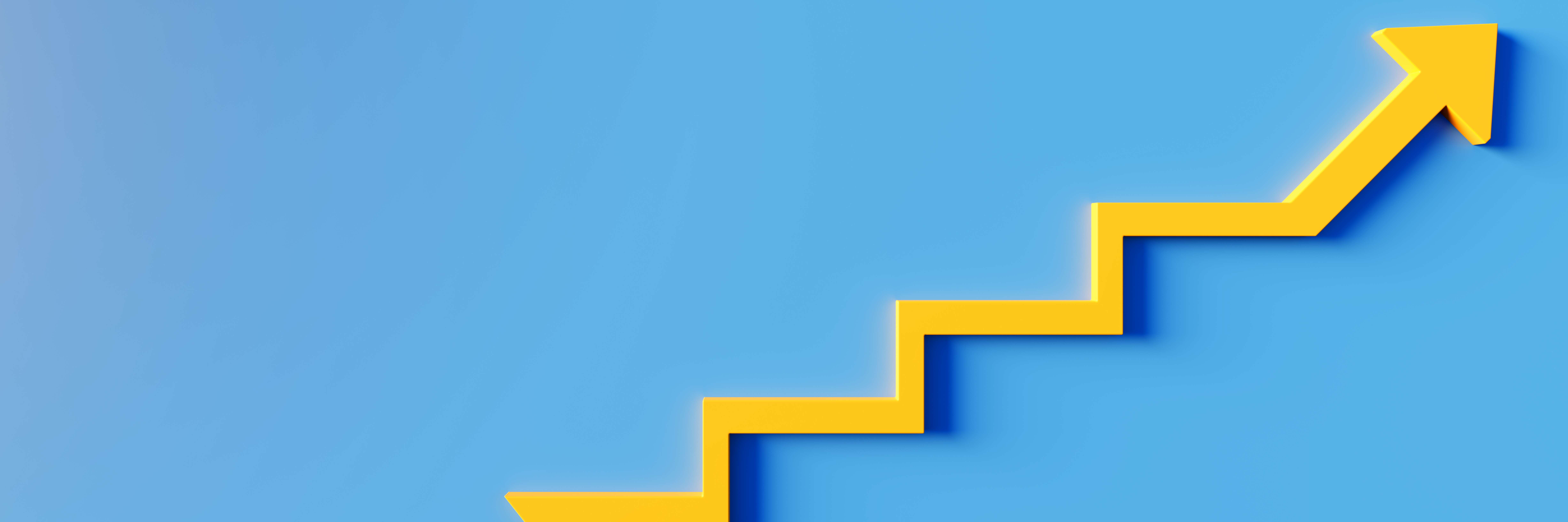 Fundo azul e uma seta amarela crescendo, em forma de escada, para a direita.