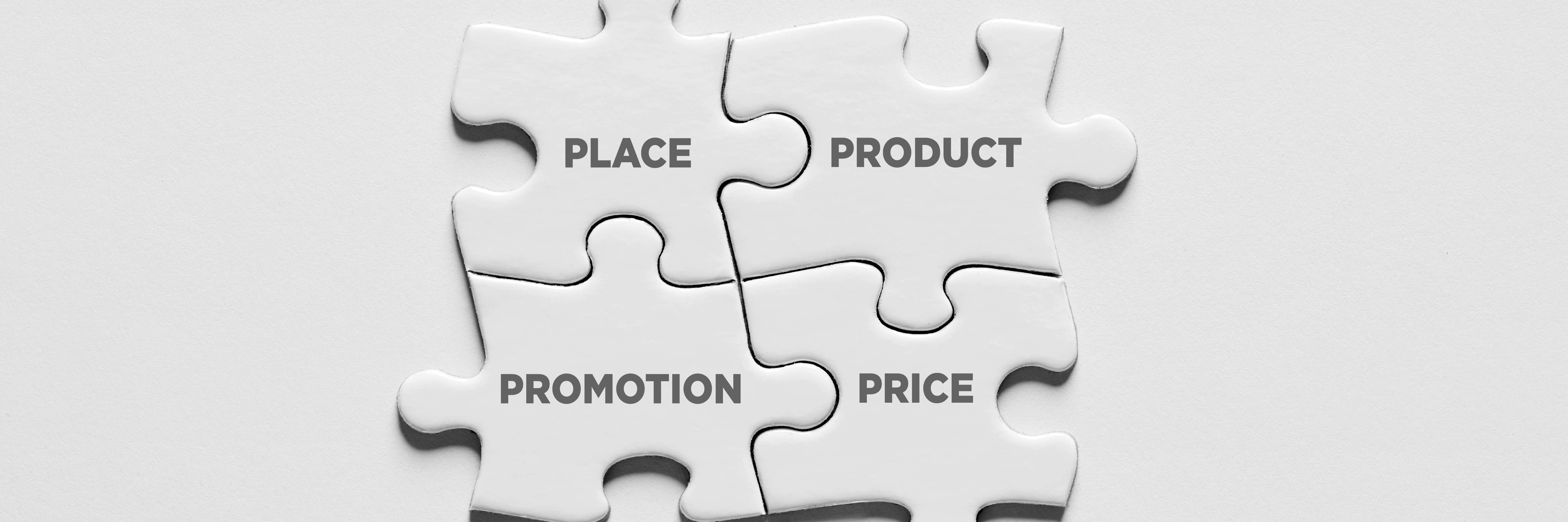 Peças de quebra-cabeça encaixadas e com os nomes: praça, produto, promoção e preço